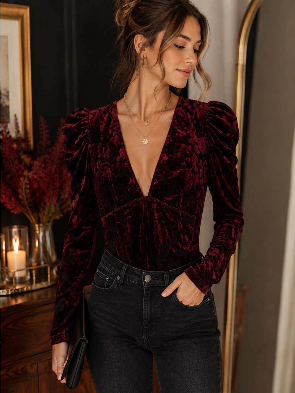 Intimately Free People Burgundy Velvet Burnout Deep V Bodysuit XS
